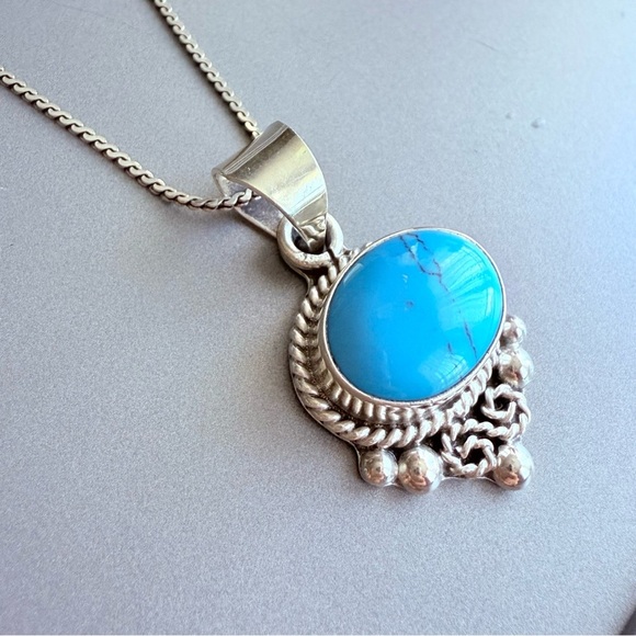 Taxco Mexico Turquoise Cable Rope Doted Design Pendant Necklace, Sterlin… - Picture 2 of 8